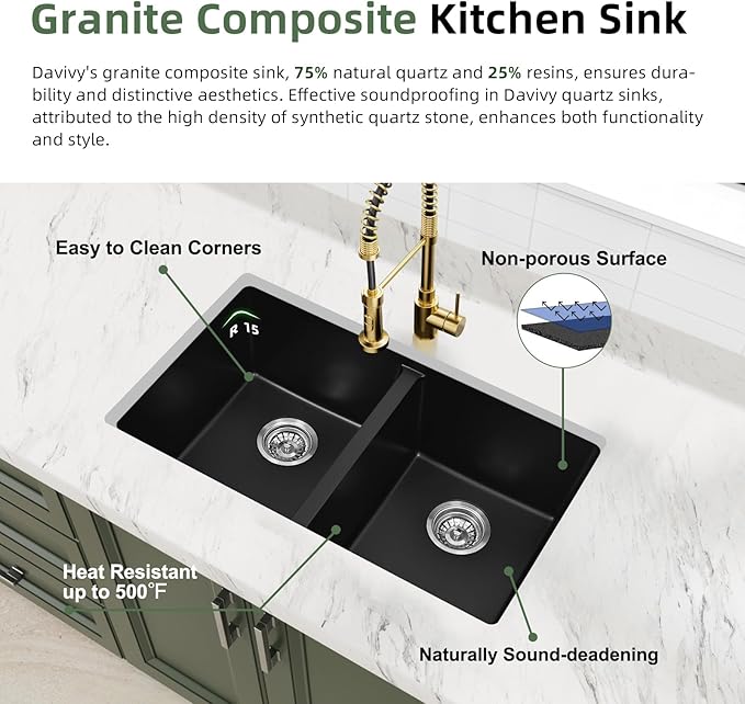 Davivy 30 Inch Black Double Bowl Granite Kitchen Sink 50/50, 30 x 18 Black Undermount Kitchen Sink, Deep Quartz Composite Double Basin with Accessories
