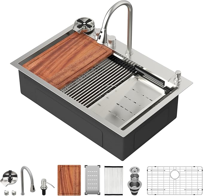 33 inch Drop In Kitchen Sink - Beslend 33x22x10 Waterfall Sink with Pull-Down Faucet 16 Gauge Stainless Steel, Double Track Workstation Kitchen Sinks with Faucet Combo, Handmade Dish Basin