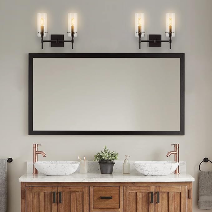 JONATHAN Y 13.5" Oil Rubbed Bronze/Clear Modern Farmhouse LED Vanity Light Sconce, Clear Glass Cylinder Shade, Wall Lamp for Bathroom Mirror Hallway Entryway, LED Bulb Included (JYL7806A)