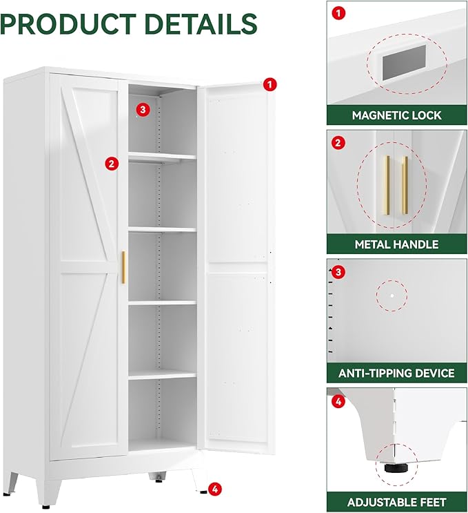 Kitchen Pantry Cabinet,71" H x 31.5" W,Metal Farmhouse Storage Cabinet with Adjustable Shelves and Barn Doors,5-Tier Storage Cabinet for Kitchen Dining Room Garage,White 1 Pack