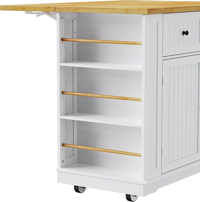 Ball & Cast Kitchen Island with 2 Bar Stools and Power Outlet,Rolling Kitchen Cart on 5 Wheels W/Drop Leaf&5 Open Side Racks,Kitchen Storage Cart W/Adjustable Shelf,for Kitchen,Dining Room,White,48"