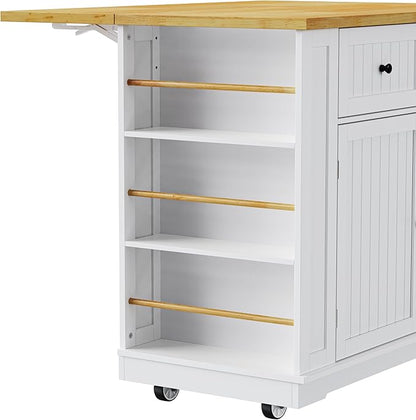 Ball & Cast Kitchen Island with 2 Bar Stools and Power Outlet,Rolling Kitchen Cart on 5 Wheels W/Drop Leaf&5 Open Side Racks,Kitchen Storage Cart W/Adjustable Shelf,for Kitchen,Dining Room,White,48"