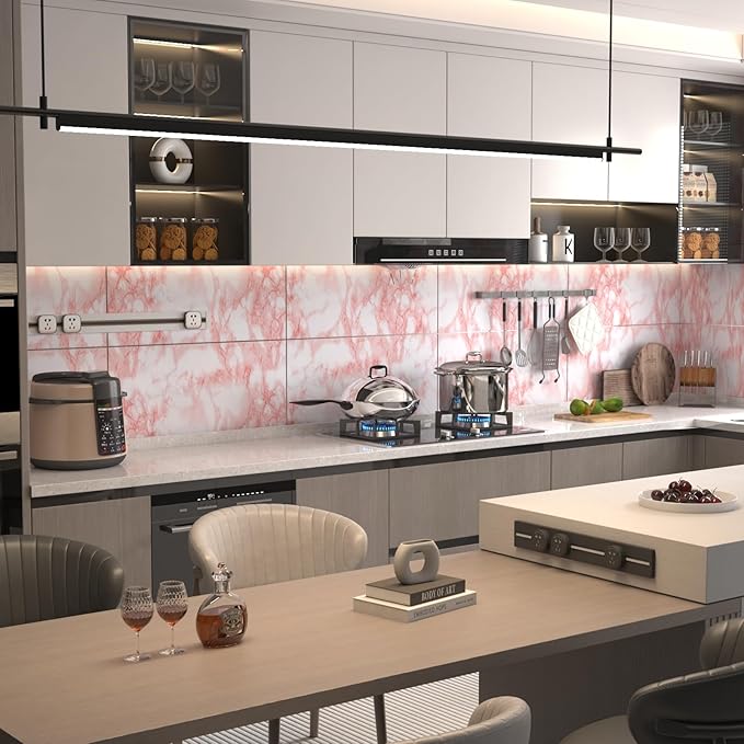 BAYYA Extra Wide Marble Contact Paper Granite Peel and Stick Wallpaper Pink Glossy 48x197 inch Countertop Contact Paper for Kitchen Bathroom Self-Adhesive Waterproof Decorative Film Marble Vinyl Wrap