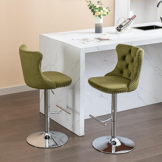 Rhomtree Velvet Swivel Bar Stools with Button Tufted Back and Pull Ring Height Adjustable Barstools 25-33 Inch for Home Pub and Kitchen Island (Olive-Green with Silver Base, Set of 4)