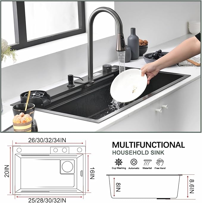 Black Kitchen Sink with bottom screen, 33 Inch Nano Stainless Steel Waterfall, Countertop Workstation Single Sink Set & Accessories, for Countertop, Kitchen, Bar (BLACK, 33IN)