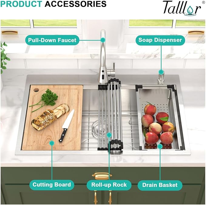 30" Drop In Kitchen Sink with Faucet Combo - 30x22 Inch Workstation All-In One 16 Gauge Stainless Steel Single Bowl Topmount Over Counter Sink For Kitchen with Accessories #TLT-0019