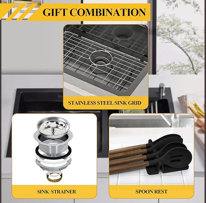 Black Kitchen Sink, Undermount Stainless Steel Bar Sink 27x18x9 Inch Drop In Single Bowl Kitchen Sink With Accessories-Sink Grid,Spoon Rest,Drain Assembly Set For Modern Kitchen Sink