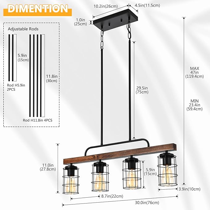 Kitchen Island Lighting,Farmhouse Dining Room Light Fixtures,Rustic Linear Pendant Lighting for Kitchen Island Dining Living Room,Black Metal & Wood