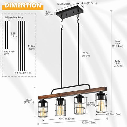 Kitchen Island Lighting,Farmhouse Dining Room Light Fixtures,Rustic Linear Pendant Lighting for Kitchen Island Dining Living Room,Black Metal & Wood