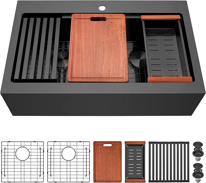 Black Farmhouse Kitchen Sink 33 x 22 Drop In, 50/50 Double Bowl Farm Sinks, 16 Gauge Stainless Steel Workstation Sink with Ledge & Accessories, 33" x 22" x 10" Large and Deep Double Sinks