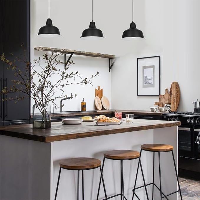 Black Industrial Pendant Lights Vintage Farmhouse Metal Hanging Ceiling Light Fixtures for Barn Kitchen Island Dinning Room Entryway Foyer (3 Pack)