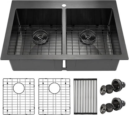 Black Kitchen Sink,33 X 22 inch Drop in Kitchen Sinks Double Bowl,16 Gauge Stainless Steel 50/50 Double Sink,Top Mount/Drop In Double Kitchen Sink 33 inch