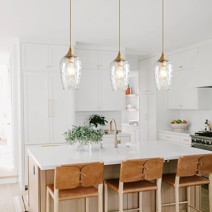 Glass Pendant Lights Kitchen Island 2 Pack, Gold Pendant Light Fixtures with Hand-Blown Clear Glass Modem Farmhouse Hanging Light for Kitchen Sink Dining Room Bedroom