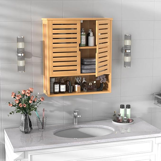 Bamboo Bathroom Wall Cabinet, Medicine Cabinet Wall Mounted, Over The Toilet Hanging Cabinet with 2 Doors
