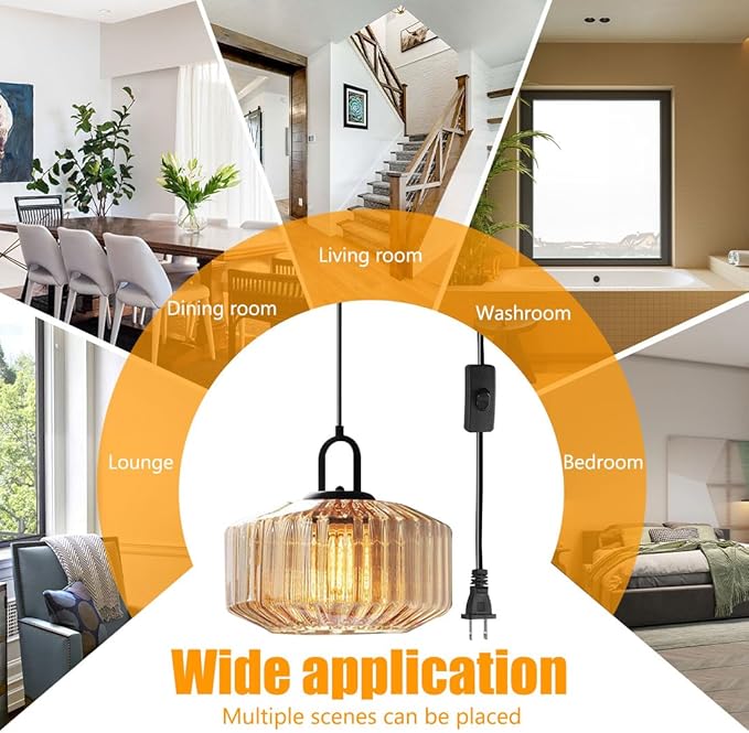 Plug in Pendant Lights Amber Glass Lampshade Large Globe Hanging Lamp Kitchen Island Mid Century Hanging Lamp with 14.7 ft Plug in Cord Swag Style Plug in Light Fixture for Living Room