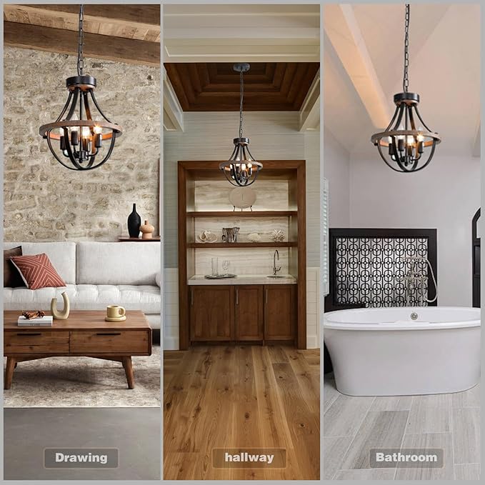 Chandeliers，Farmhouse Ceiling Chandelier Wood Black Modern Rustic Hanging Pendant Light Fixture with Chain for Dining Room Living Room Entryway Kitchen Island Bedroom Foyer Lighting（4-Light）