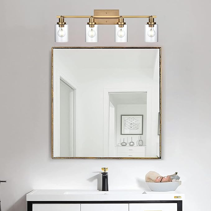 MELUCEE 4 Light Track Lighting Kit Brass Bathroom Vanity Light Fixtures with Adjustable Track Head Ceiling Spotlight Fixture for Hallway Porch Foyer Storage, Clear Glass Shade