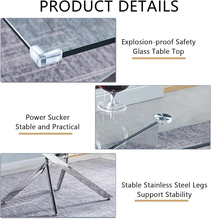 51" Glass Dining Table for 4-6, Modern Dining Room Table with 0.39" Tempered Glass Top and Cross X-Shaped Silver Stainless Steel Base, Rectangle Kitchen Dinner Table for Dining Room