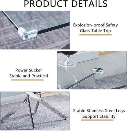 51" Glass Dining Table for 4-6, Modern Dining Room Table with 0.39" Tempered Glass Top and Cross X-Shaped Silver Stainless Steel Base, Rectangle Kitchen Dinner Table for Dining Room