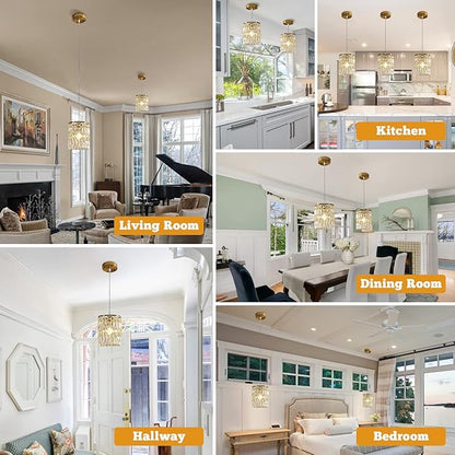 Crystal Chandeliers for Dining Room Modern Gold Pendant Lights Height Adjustable Island Lights 1-Light Hanging Ceiling Lighting Fixture for Kitchen Bedroom Living Room Entryway