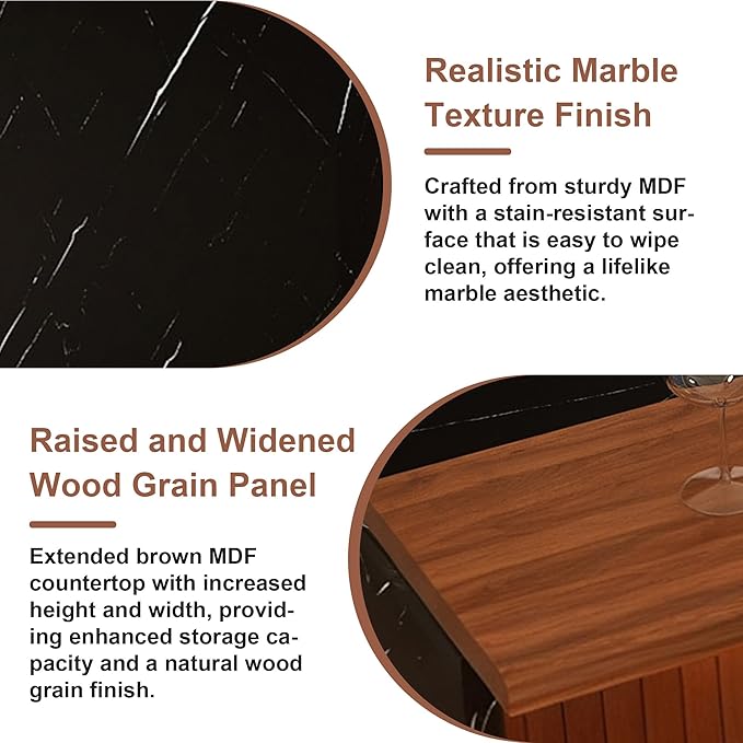 Montary 63-inch Modern Kitchen Island and Dining Table Set with 2 Swivel Stools, Marble-Look Countertop with LED Lights and Metal Grille Design, for Kitchen, Living Room,Black & Brown