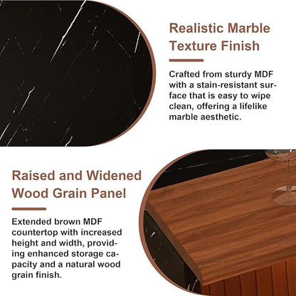 Montary 63-inch Modern Kitchen Island and Dining Table Set with 2 Swivel Stools, Marble-Look Countertop with LED Lights and Metal Grille Design, for Kitchen, Living Room,Black & Brown