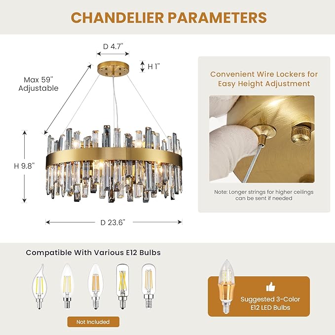Siljoy Modern Crystal Chandeliers, 12 Lights Brass Gold Raindrop Crystal Chandelier, Adjustable Dimmable Crystal Pendant Light Fixture for Dining Room Living Room Kitchen Island D23.6''