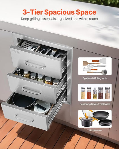 VEVOR Outdoor Kitchen Drawer 16" W x 21.5" H x 18" D, Outdoor Kitchen Cabinets, BBQ Drawer Stainless Steel, Flush Mount Triple Access, with Handle, BBQ Island, Outdoor Grill Patio Grill Station
