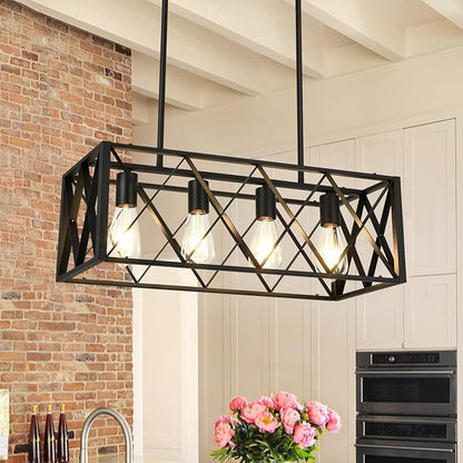 Black Farmhouse Chandeliers for Dining Room Light Fixture Rectangle Kitchen Island Pendant Lighting 4-Light Metal Industrial Linear Chandelier for Kitchen Island