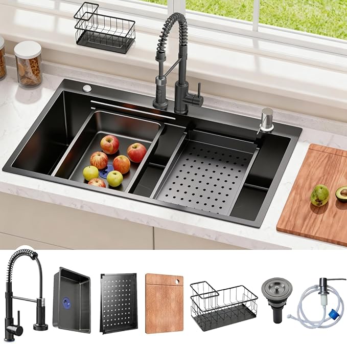 Black Kitchen Sink Drop-in with Accessories: 32x19 Workstation Sink Drop-in Kitchen Sink Stainless Steel Deep Single Bowl with Cutting Board & Pull-out Faucet for Family Kitchen