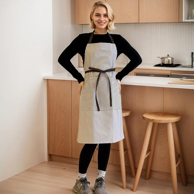 Kitchen Apron with 3 Pocket, Adjustable Server Apron, Waitress Apron with Pockets Stripes