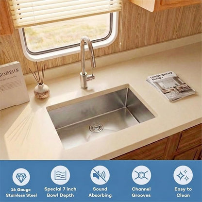 RV Kitchen Sink 25 X 15 inch,Undermount Kitchen Sink with 7 inch Depth,Stainless Steel Kitchen Sinks for RV,Outdoor Caming Van Sink