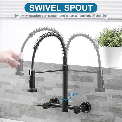 AIMADI Oil Rubbed Bronze Kitchen Faucet Wall Mount 8 Inch Center,Commercial Spring Kitchen Sink Faucet with Pull Down Sprayer,Dual Handle Farmhouse Contemporary