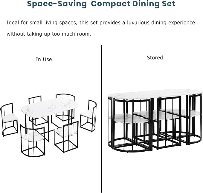 RuiSiSi 7 Piece Dining Table Set for 4, Metal Kitchen Table Set with Faux Marble Tabletop and 6 Dining Chairs for Kitchen, Dining Room, Small Space, Black+White
