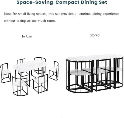 RuiSiSi 7 Piece Dining Table Set for 4, Metal Kitchen Table Set with Faux Marble Tabletop and 6 Dining Chairs for Kitchen, Dining Room, Small Space, Black+White