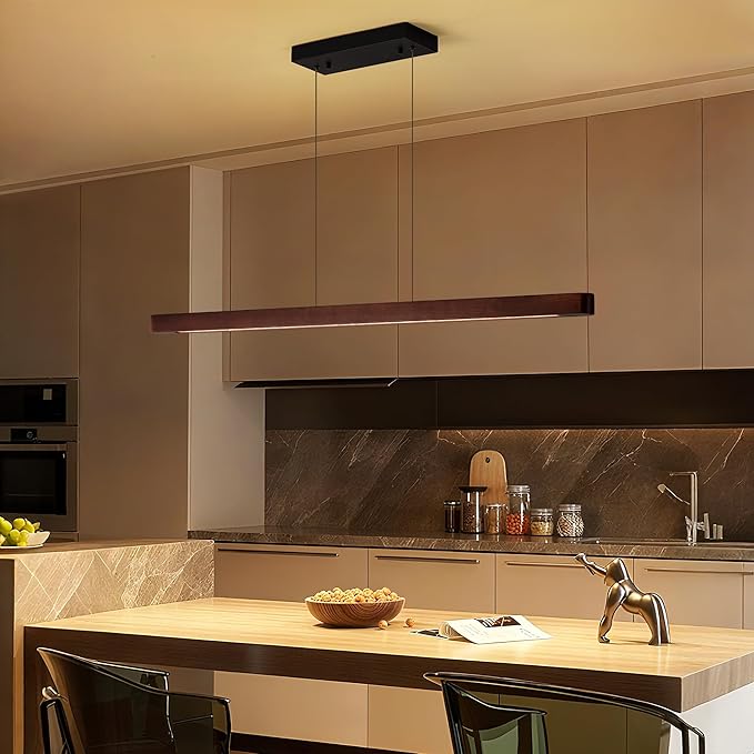 59" Wood Linear Pendant Light, 24W LED Hanging Pendant Light, Pendant Lights Kitchen Island with Remote, Adjustable Linear Chandelier for Dining Room, Kitchen Island, Bar, Offices-Walnut