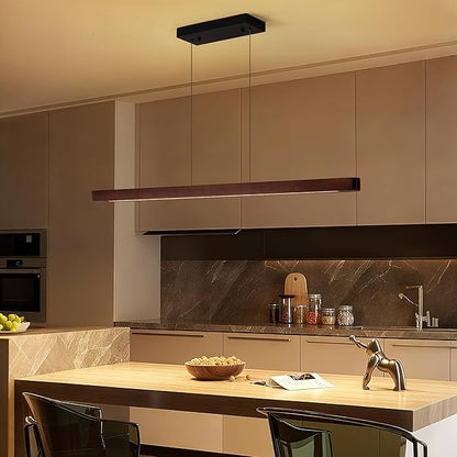 59" Wood Linear Pendant Light, 24W LED Hanging Pendant Light, Pendant Lights Kitchen Island with Remote, Adjustable Linear Chandelier for Dining Room, Kitchen Island, Bar, Offices-Walnut