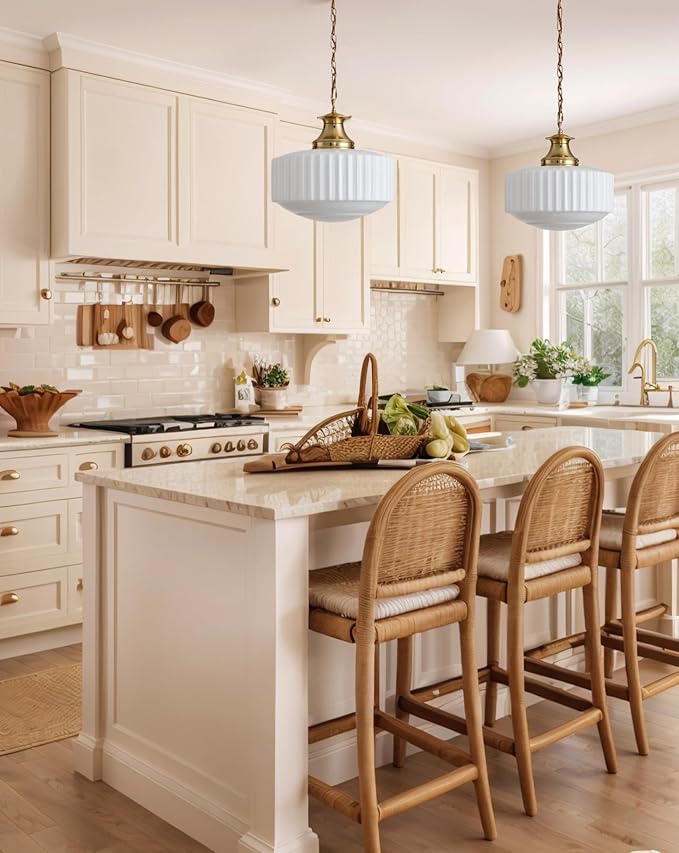 Vintage Brass Milk Glass Pendant Light Fixture, Mid‑Century Modern Chandelier, Antique Schoolhouse Pendant Lights for Kitchen Island, Dining Room, Entryway, Hallway, E26 Base