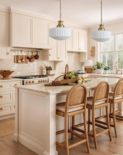 Vintage Brass Milk Glass Pendant Light Fixture, Mid‑Century Modern Chandelier, Antique Schoolhouse Pendant Lights for Kitchen Island, Dining Room, Entryway, Hallway, E26 Base
