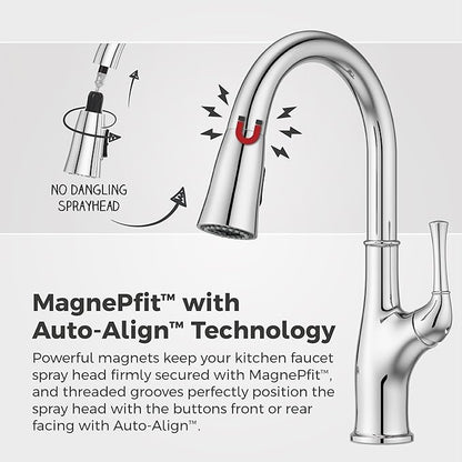 Pfister Alderwood Kitchen Faucet with Pull Down Sprayer and Soap Dispenser, Single Handle High Arc Spout, Chrome Finish, NSF Certified, 1 or 3 Hole Installation F5297AWC