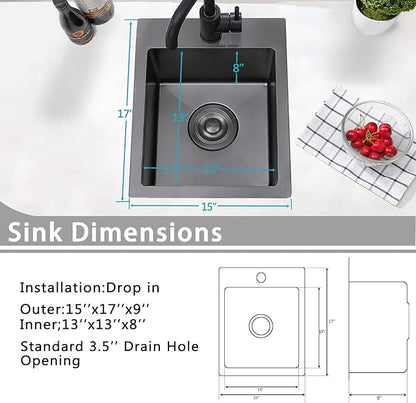 Friho Drop-in Black Bar Sink, 15"x 17" Inch Small Kitchen Sink, Stainless Steel Handmade Single Bowl Topmount RV Kitchen Sinks With Dish Grid & Basket Strainer