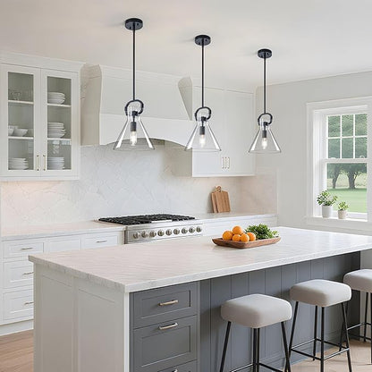 GoYeel Black Glass Pendant Light 9.8", Farmhouse Hanging Lighting 1 Light Kitchen Island Light Fixtures with Funnel Glass Shade for Kitchen Over Dining Table, E26 Base,Adjustable Height,Dimmable