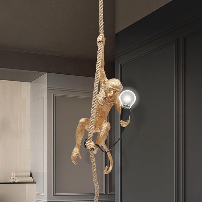 Vintage Monkey Pendant Light, 13.7 * 28.3in Industrial Retro Ceiling Pendant Lamp Fixture Vintage Resin Hemp Rope Chandelier Ceiling Pendant Lamp for Kitchens Corridors Bedrooms Dining Rooms