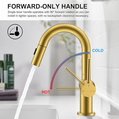 KENES Brushed Gold Single Handle Bathroom Faucet with Pull Out Sprayer, Pull Down Bathroom Sink Faucet with Sprayer, Vanity Bar Faucet with Pop Up Drain & Deck Plate, KE-9065B-4