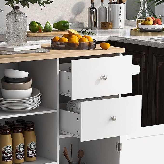 Fashion Store Kitchen Island Cart with Rubber Wood Top and 2 Drawers,4 Wheels and 3 Open Shelves,for Kitchen,Dining Room,Bathroom,Living Room (White@E)