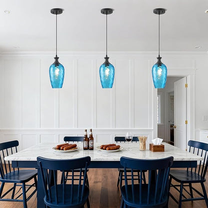 Glass Pendant Lights Kitchen Island, 1-Light Blue Pendant Light Fixtures with Hammered Glass, Modern Farmhouse Hanging Light for Kitchen Sink Dining Room Bedroom, E26