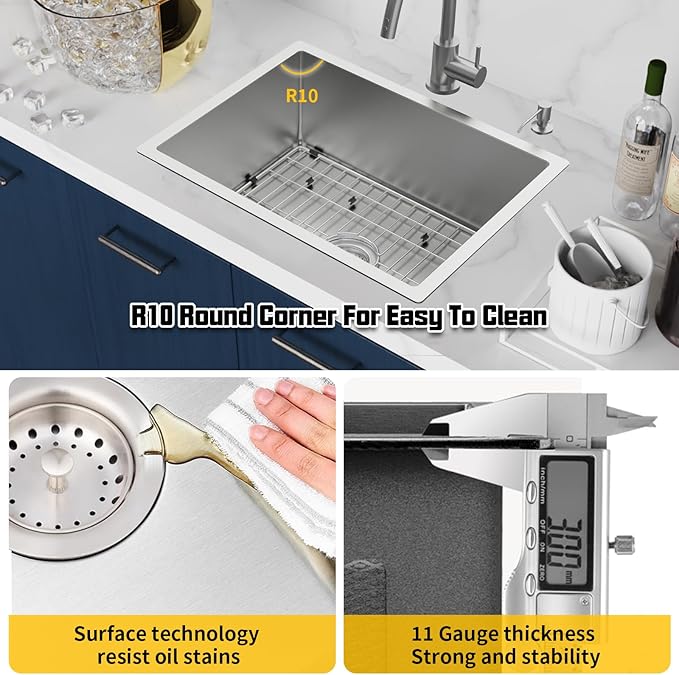 Kitchen Sink,24x18 Inch Kitchen Sink Stainless Steel Undermount Bar Sink Drop In Stylish and Modern Look Sink With Bottom Grid,Silicon Mat And Drain Assembly Add Elegance & Enhance Usability