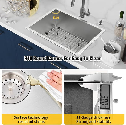 Kitchen Sink,24x18 Inch Kitchen Sink Stainless Steel Undermount Bar Sink Drop In Stylish and Modern Look Sink With Bottom Grid,Silicon Mat And Drain Assembly Add Elegance & Enhance Usability