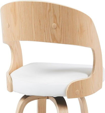 Shelly Modern Counter Height Swivel Bar Stool in Patterned Oak Finish with White Faux Leather Upholstered Seat Set of 2
