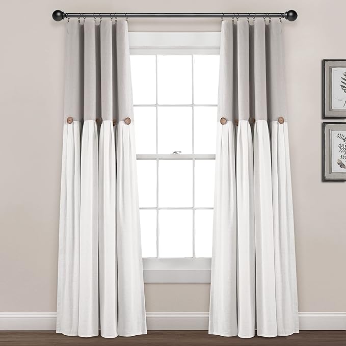 Lush Decor Linen Button Window Curtain Panel, Single, 40" W x 84" L, Gray & White - Country Curtains - Rustic Decor - Color Block Modern Farmhouse Curtains For Living Room, Bedroom & Dining Room